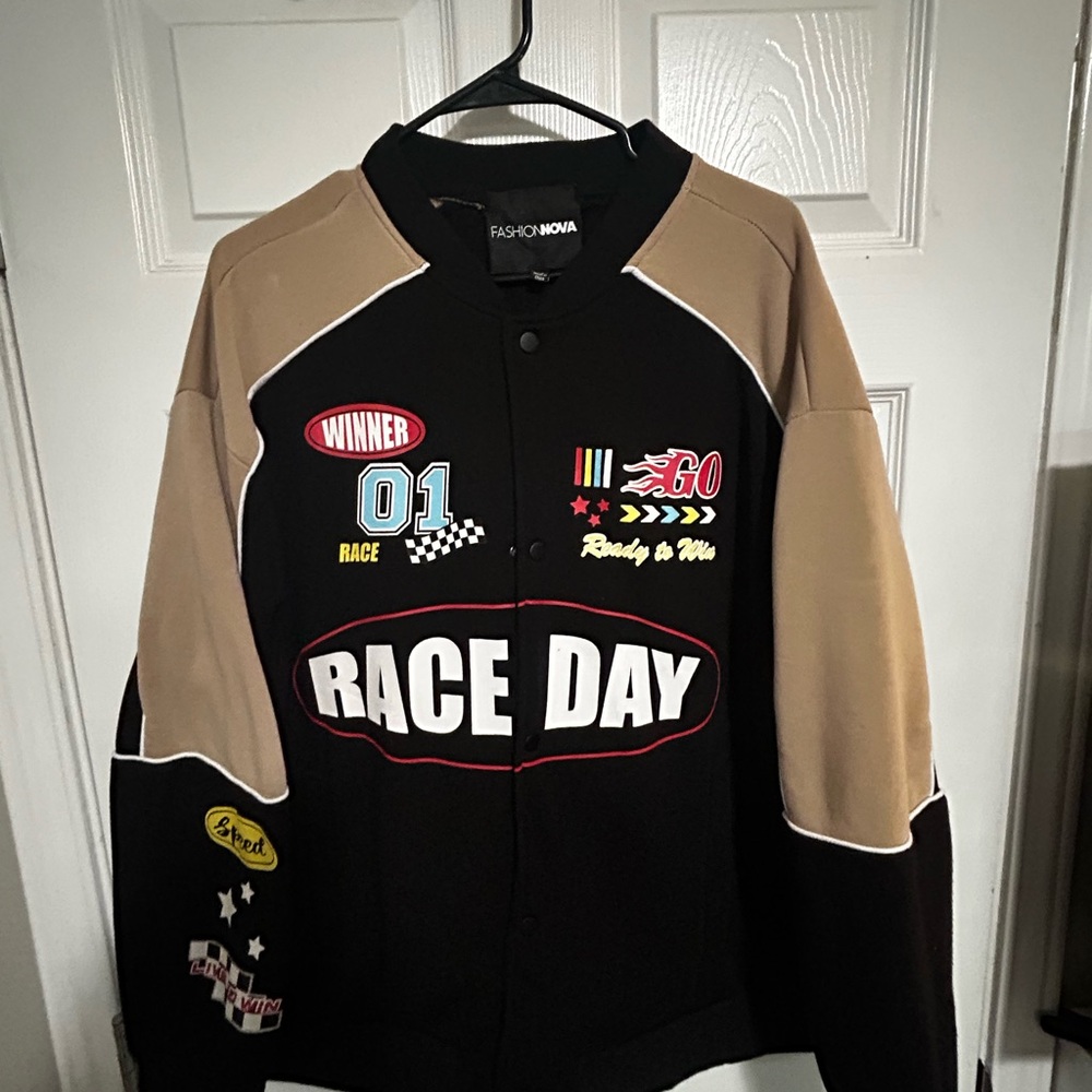 Fashion Nova Black and Tan Racing Jacket